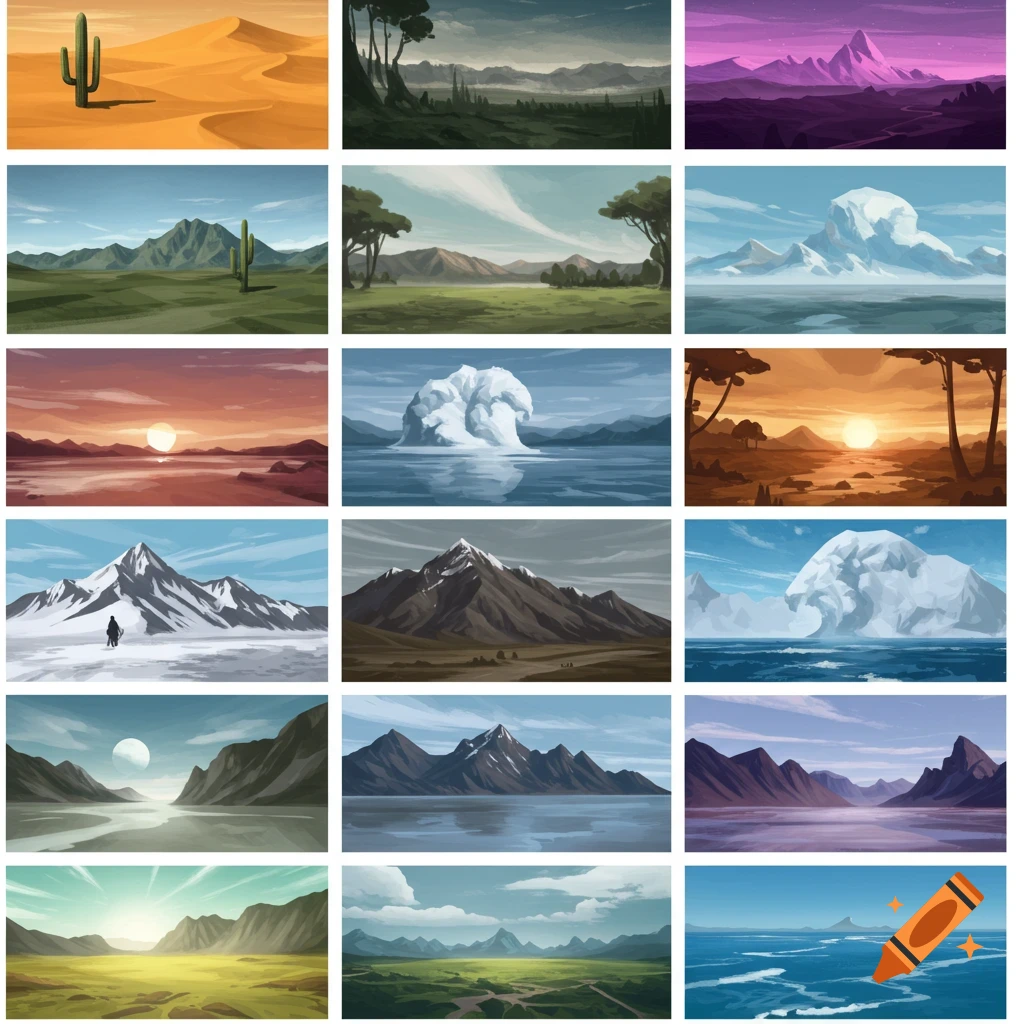 A grid of stylized, colorful, geometric landscape illustrations including deserts, forests, mountains, icebergs, plains, and sunrises/sunsets over water.