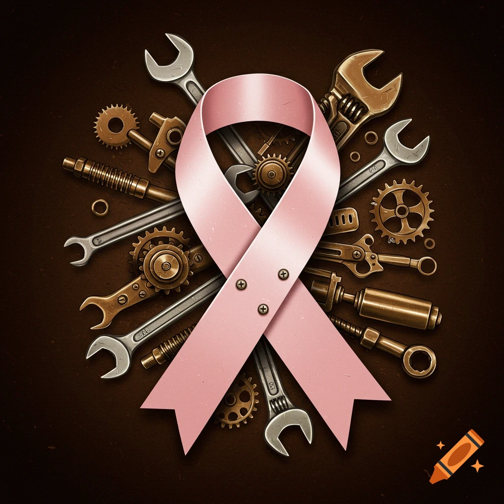 A pink awareness ribbon intertwined with various brass and silver mechanical tools and gears on a dark background.