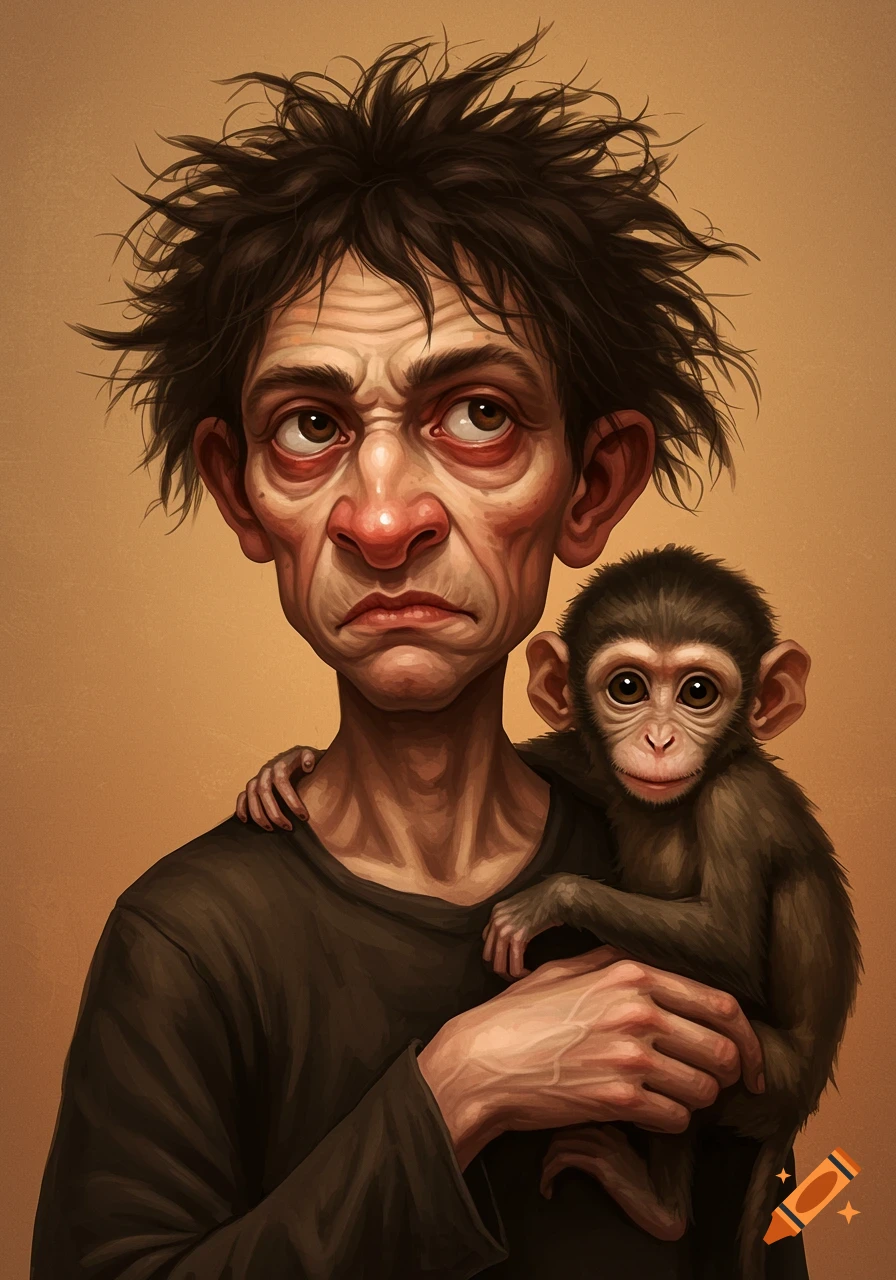 A caricature of a man with messy hair and a wrinkled face holding a baby monkey.