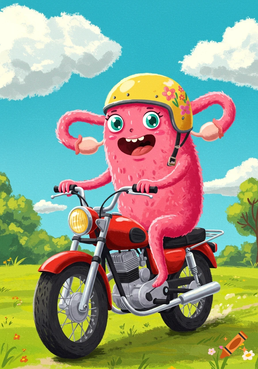 A silly pink uterus monster with fallopian tube arms and a yellow helmet rides a red motorcycle in a green field.