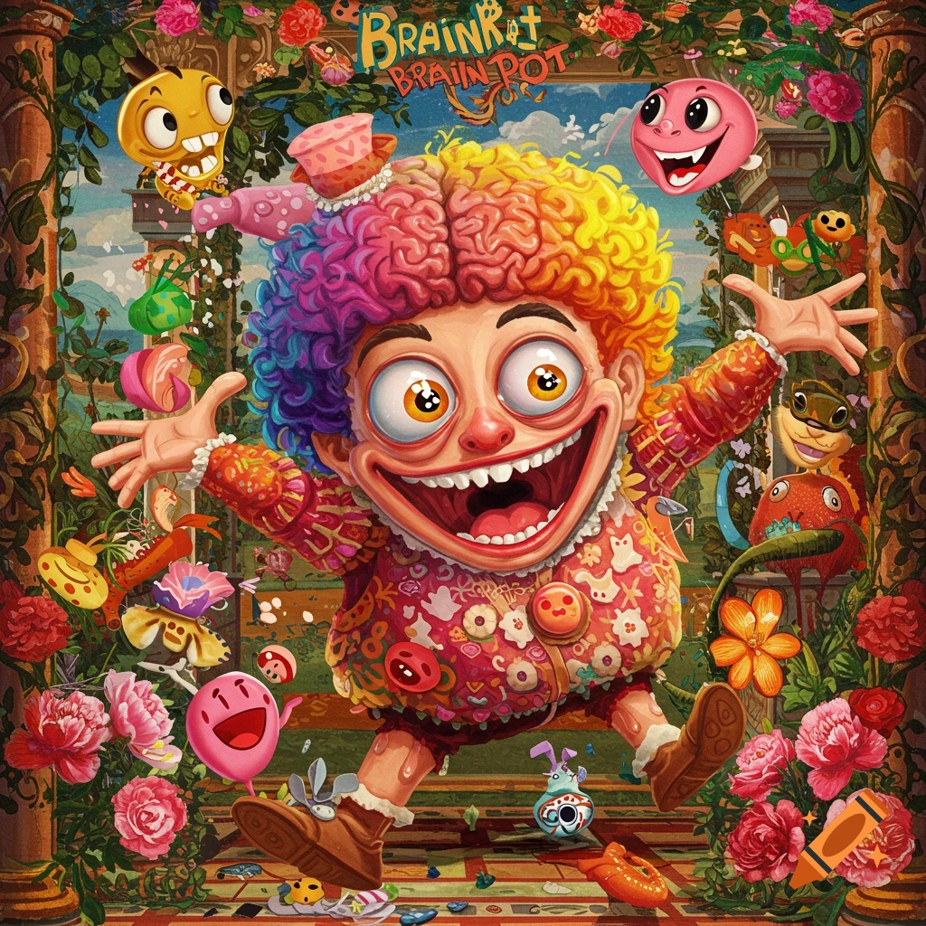 Vibrant, grotesque cartoon of a grinning clown-like figure with rainbow brain-hair, surrounded by flowers and small whimsical creatures.