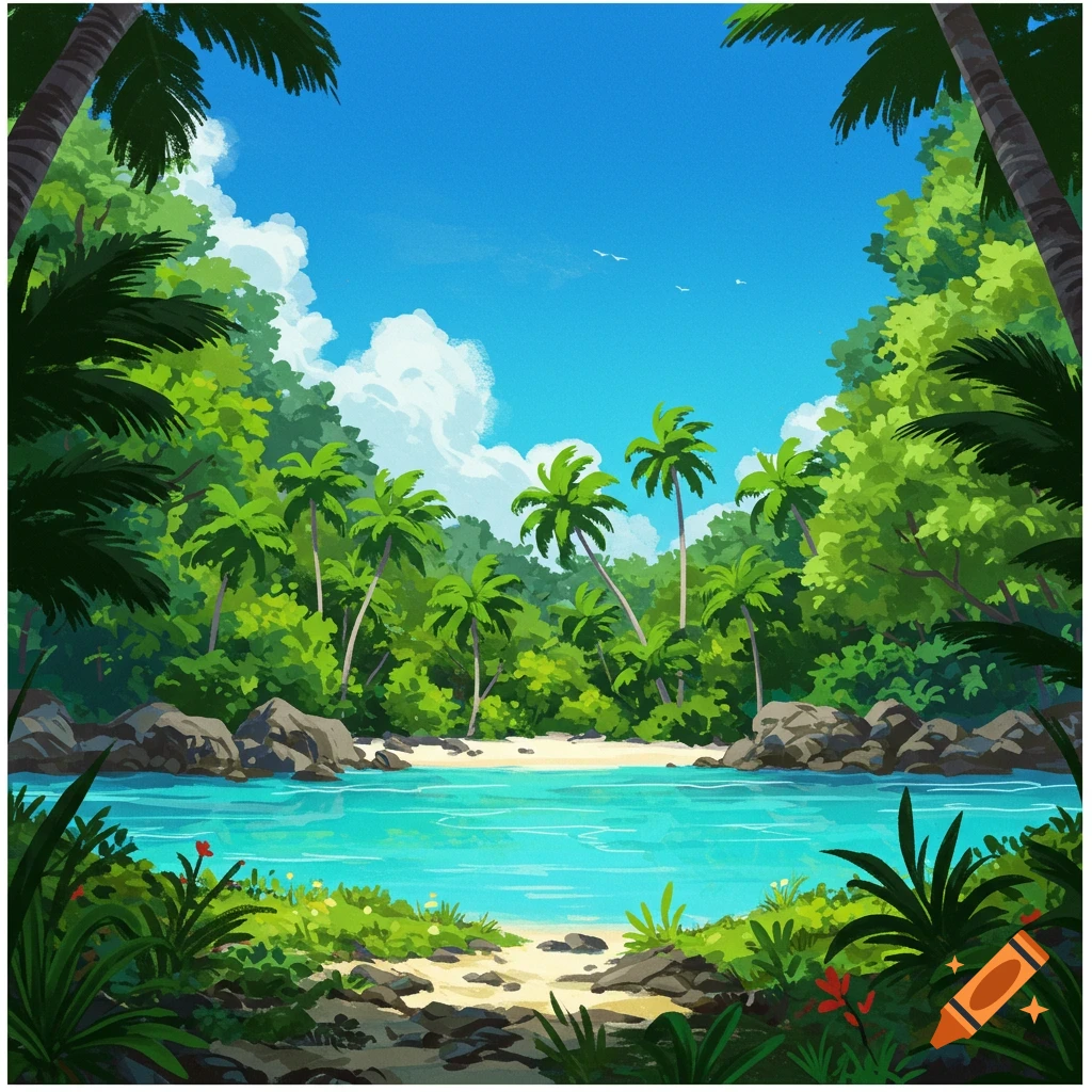 Vibrant cartoon illustration of a tropical beach with turquoise water, white sand, and lush green palm trees.