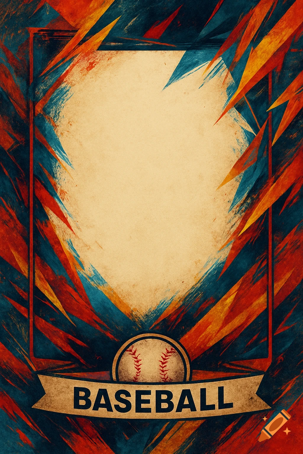 Baseball card blank template with abstract red, orange, and blue brushstrokes around a beige center, featuring a baseball icon and 'BASEBALL' text on a banner.