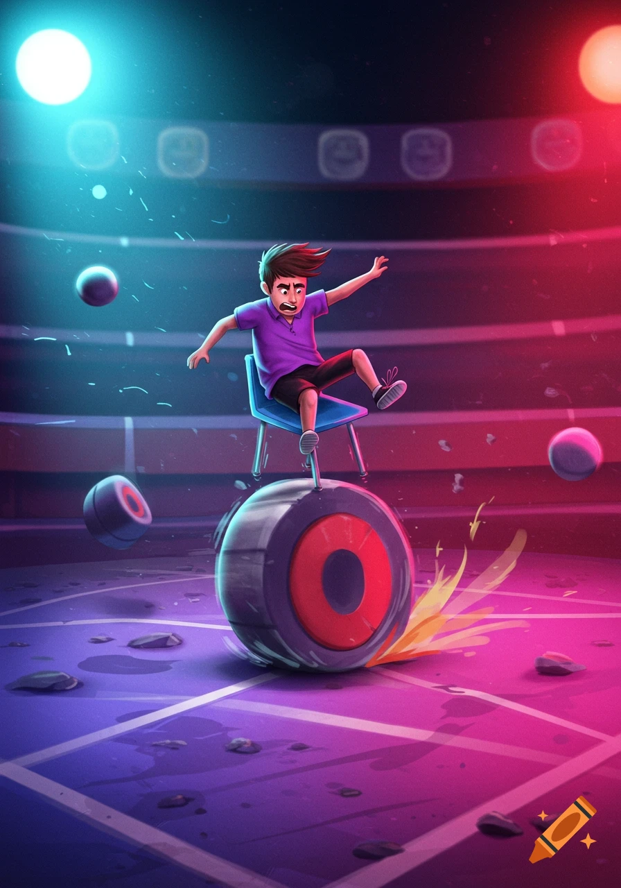 A cartoon boy balancing on a chair on a large rolling cylinder in a vibrant arena with blue and red lighting.