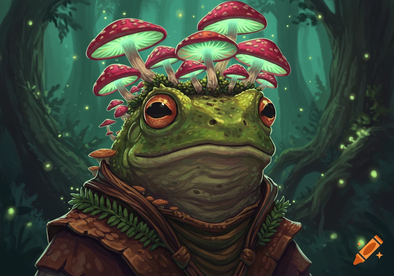 A detailed digital painting of a green frog character wearing a druidic outfit and a crown of red-capped glowing mushrooms, set in a dark fantasy forest.