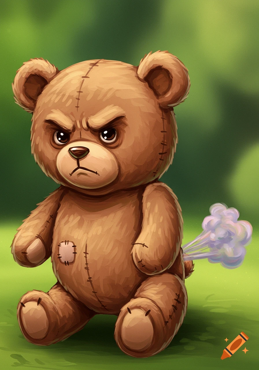 Cartoon grumpy brown teddy bear sitting on green grass, farting purple smoke.