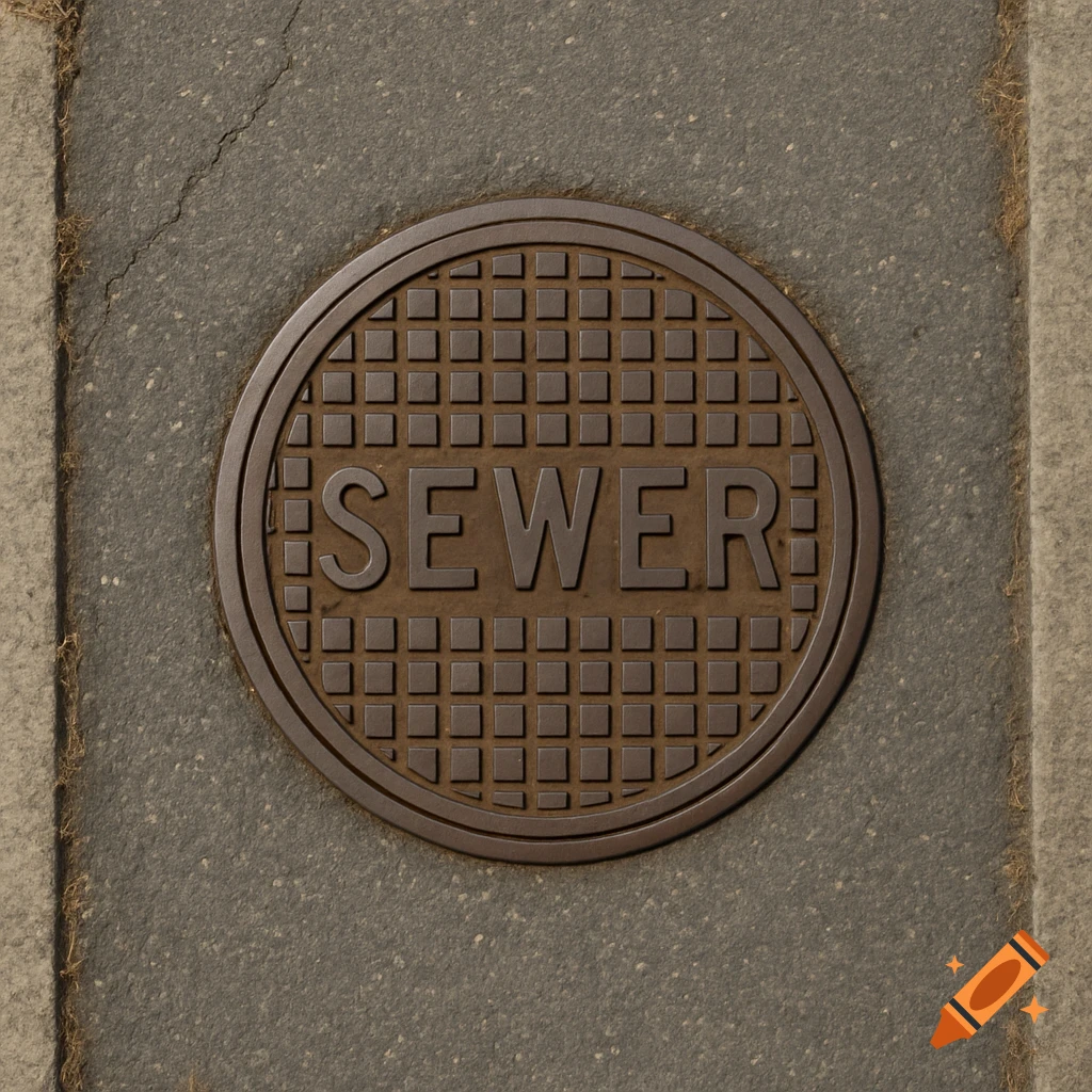 Photorealistic top-down view of a round bronze sewer manhole cover with a grid pattern and the word 'SEWER' on a concrete sidewalk.