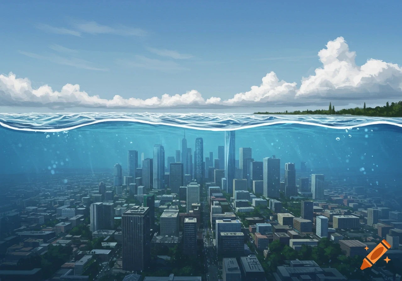 A cityscape viewed from above and below a clear blue water surface, with a bright sky and clouds above.