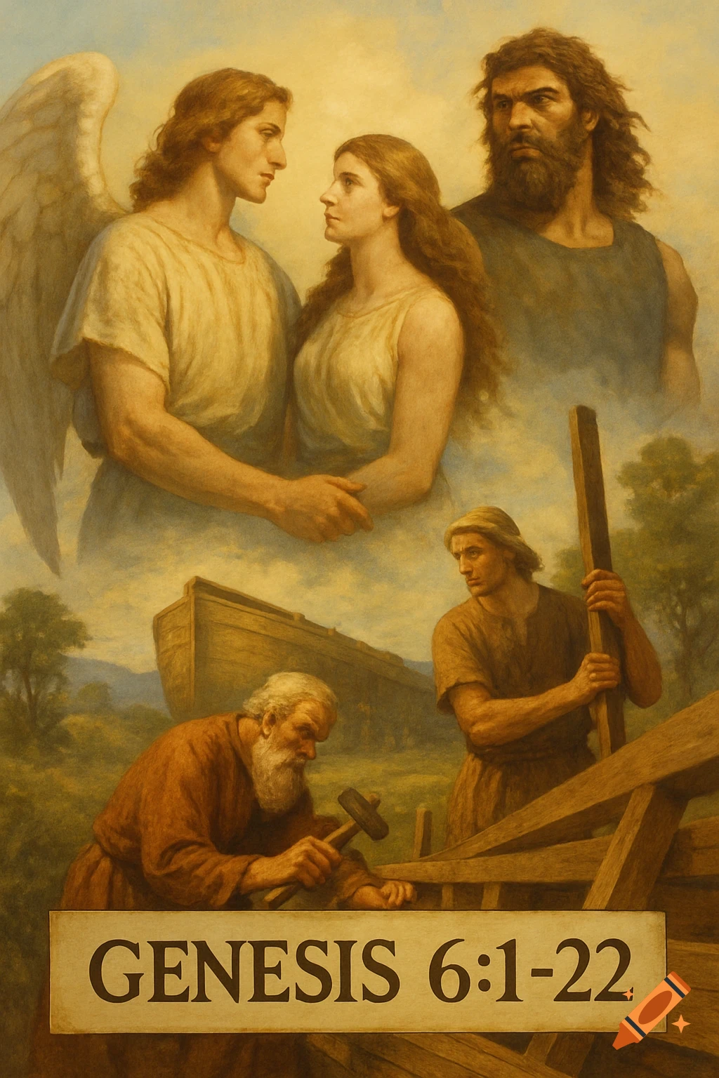 A religious painting showing an angel and woman, a giant-like man, and Noah building the ark, with 'GENESIS 6:1-22' text.