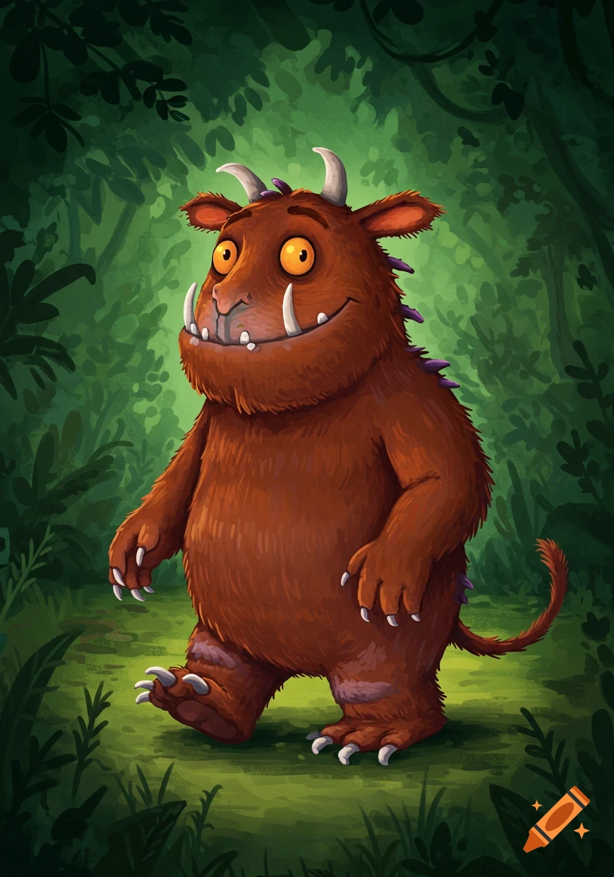 A brown furry monster with large orange eyes, white horns, and tusks stands in a lush green forest, in a children's book illustration style.