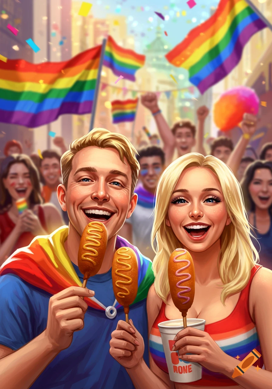A man and a woman smiling and holding corndogs at a vibrant pride parade with rainbow flags and confetti.