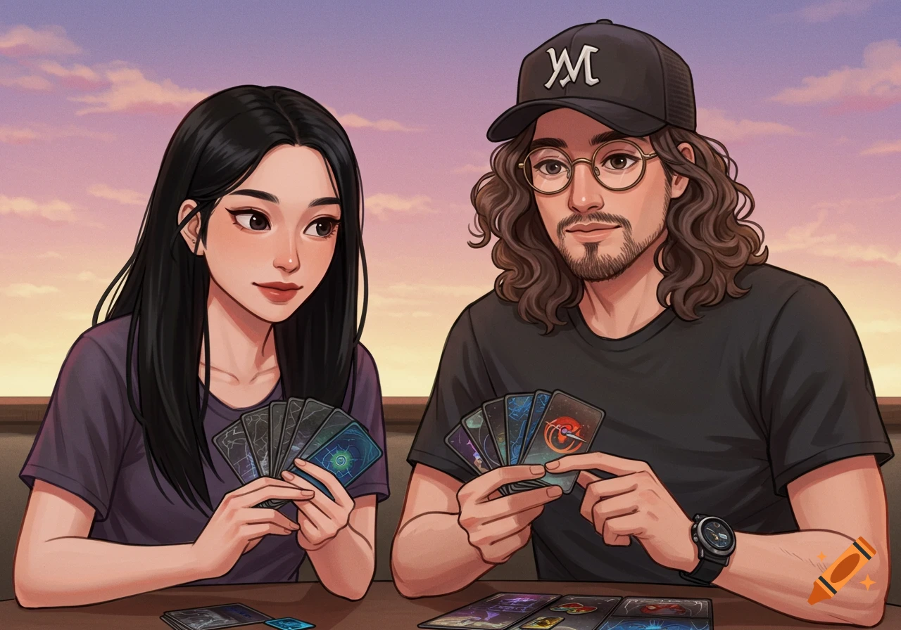 An illustration of a man and a woman playing a card game at a table, with the man wearing a baseball cap and glasses.