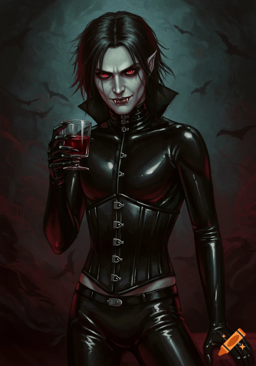 A digital painting of a pale vampire with red eyes and fangs, wearing black latex, holding a glass of red liquid.
