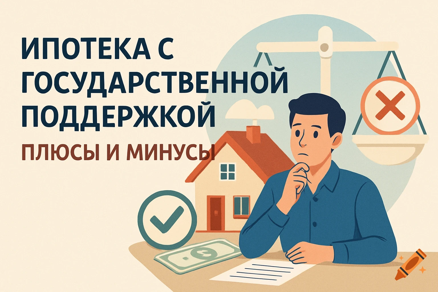 Illustration of a man considering a mortgage with a house, money, and scales, text about state-supported mortgage pros and cons.