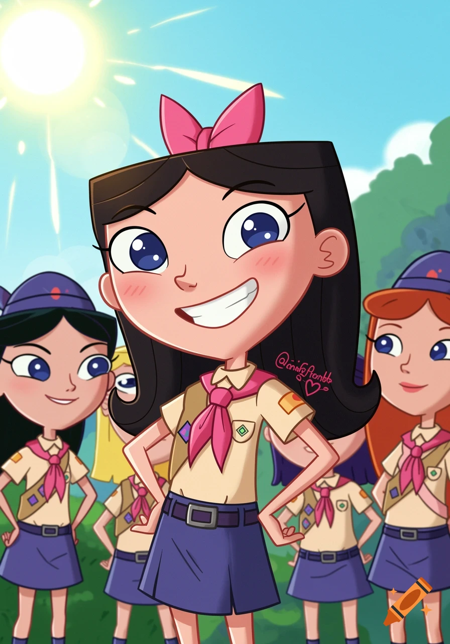 Isabella from Phineas and Ferb in her Fireside Girls uniform smiling with other scout girls outdoors.