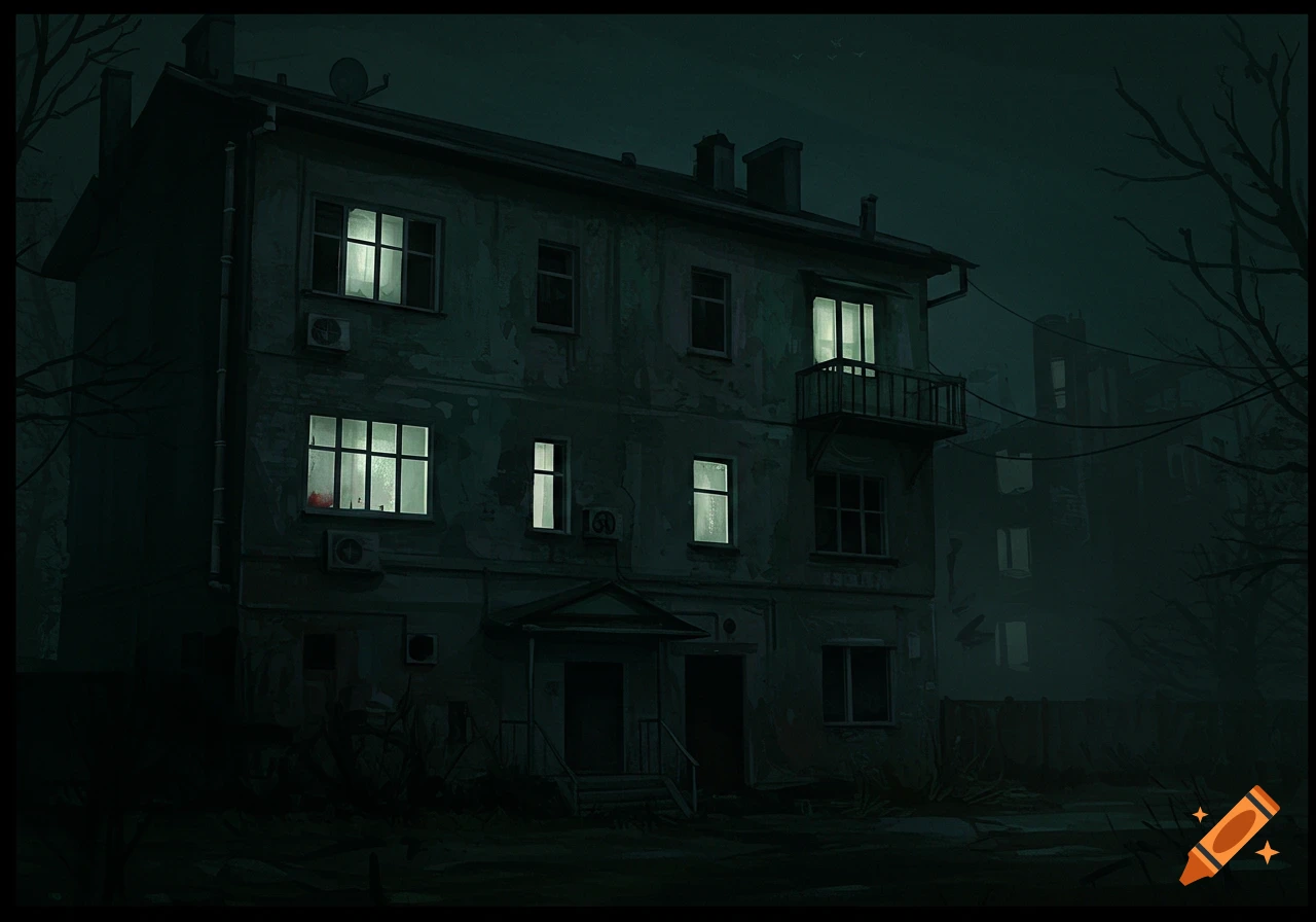 A dark, dilapidated apartment building with glowing green windows at night, in a sketchy, somber art style.