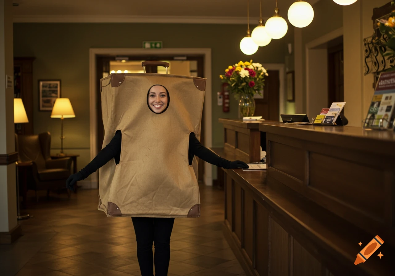 A woman wearing a brown luggage bag costume with her face, arms, and legs visible stands smiling in a hotel lobby.