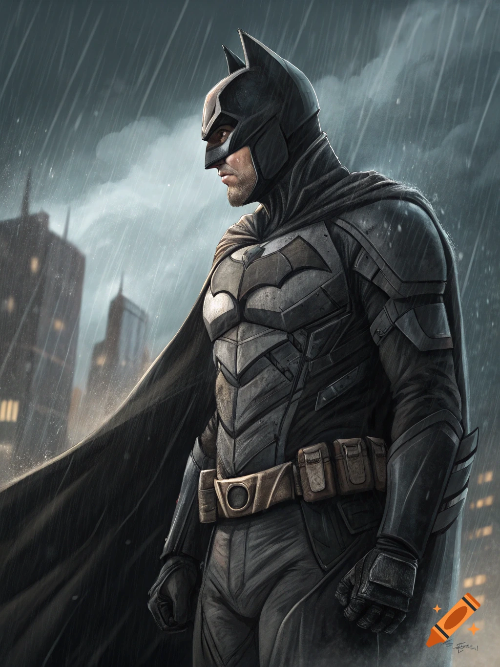 A realistic digital painting of Batman, with a visible beard under his mask, standing in the rain with city buildings in the background.