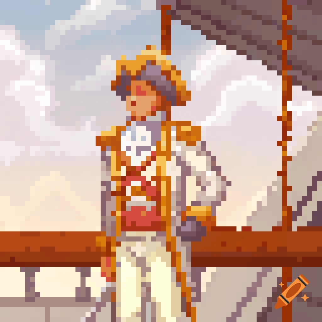 Pixel art sprite of a person in an 18th-century military uniform, with a white coat and gold trim, standing on a ship.