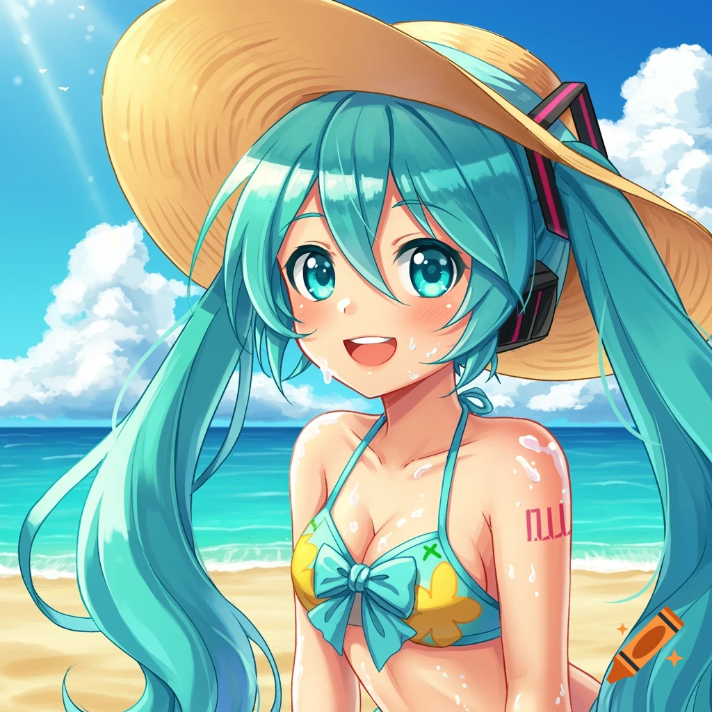 Hatsune Miku at a sunny beach, wearing a straw hat and blue bikini, covered in lotion, with the ocean and sky behind her.