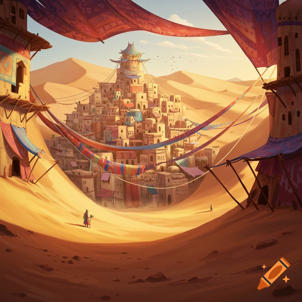 A vibrant, stylized fantasy town built into a desert valley, with colorful fabrics draped between buildings and dunes.