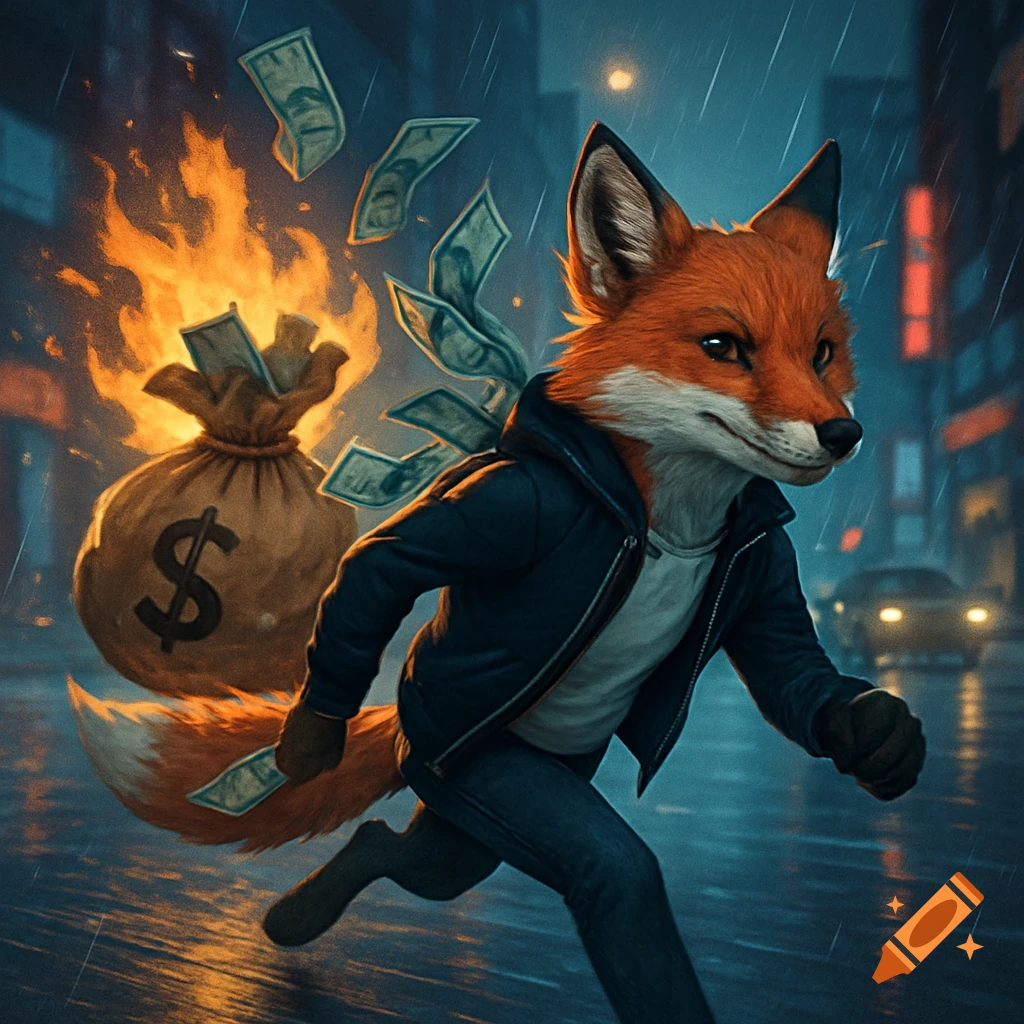 A stylized digital illustration of a charismatic red fox in a black jacket sprinting on a rain-slicked city street, with a burning money bag behind it.