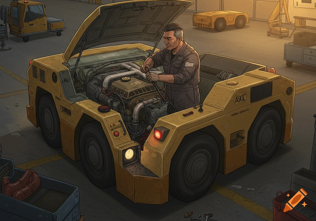 A mechanic works on the engine of a yellow airport tug in a hangar, with other vehicles in the background.