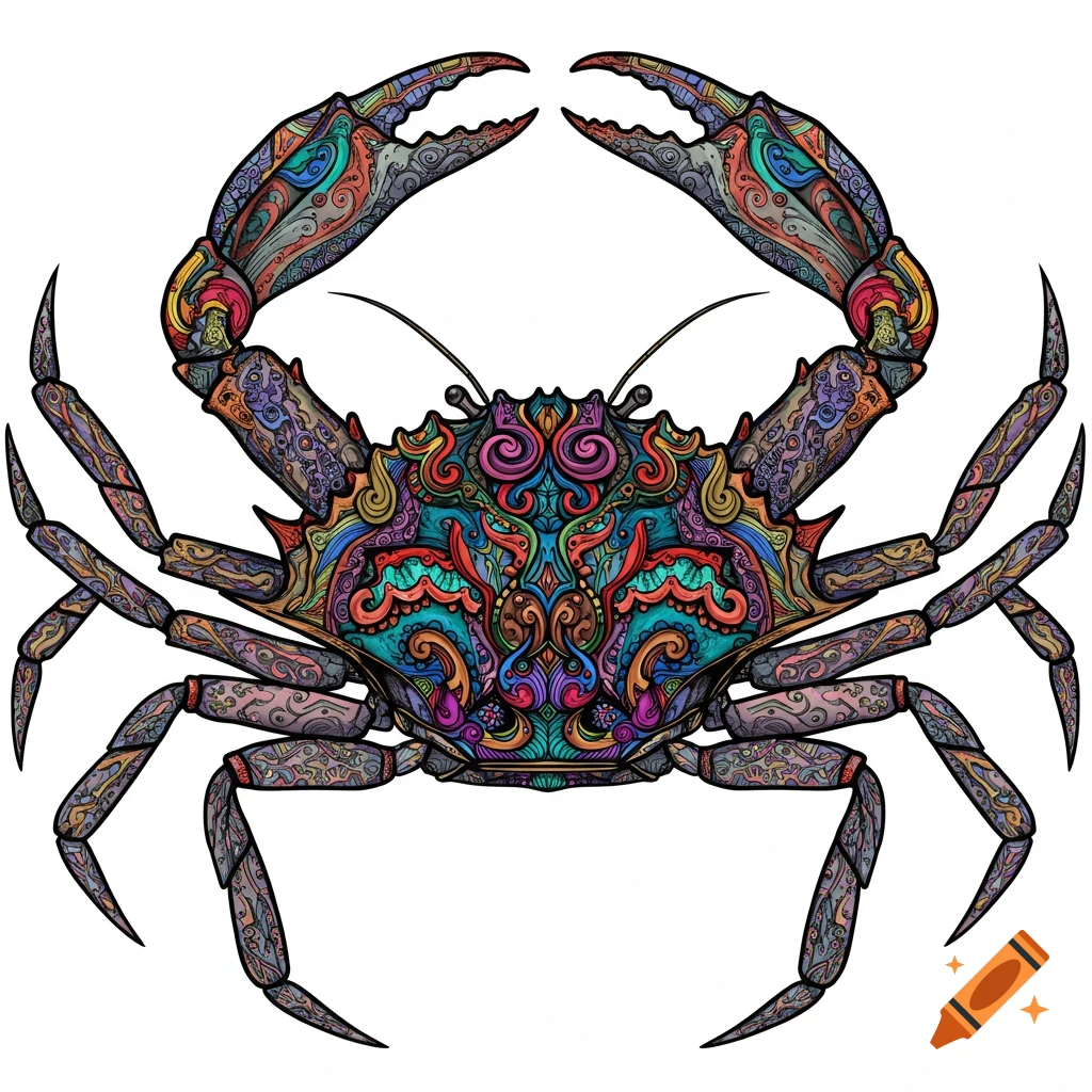 A colorful, psychedelic line drawing of a large crab against a white background.