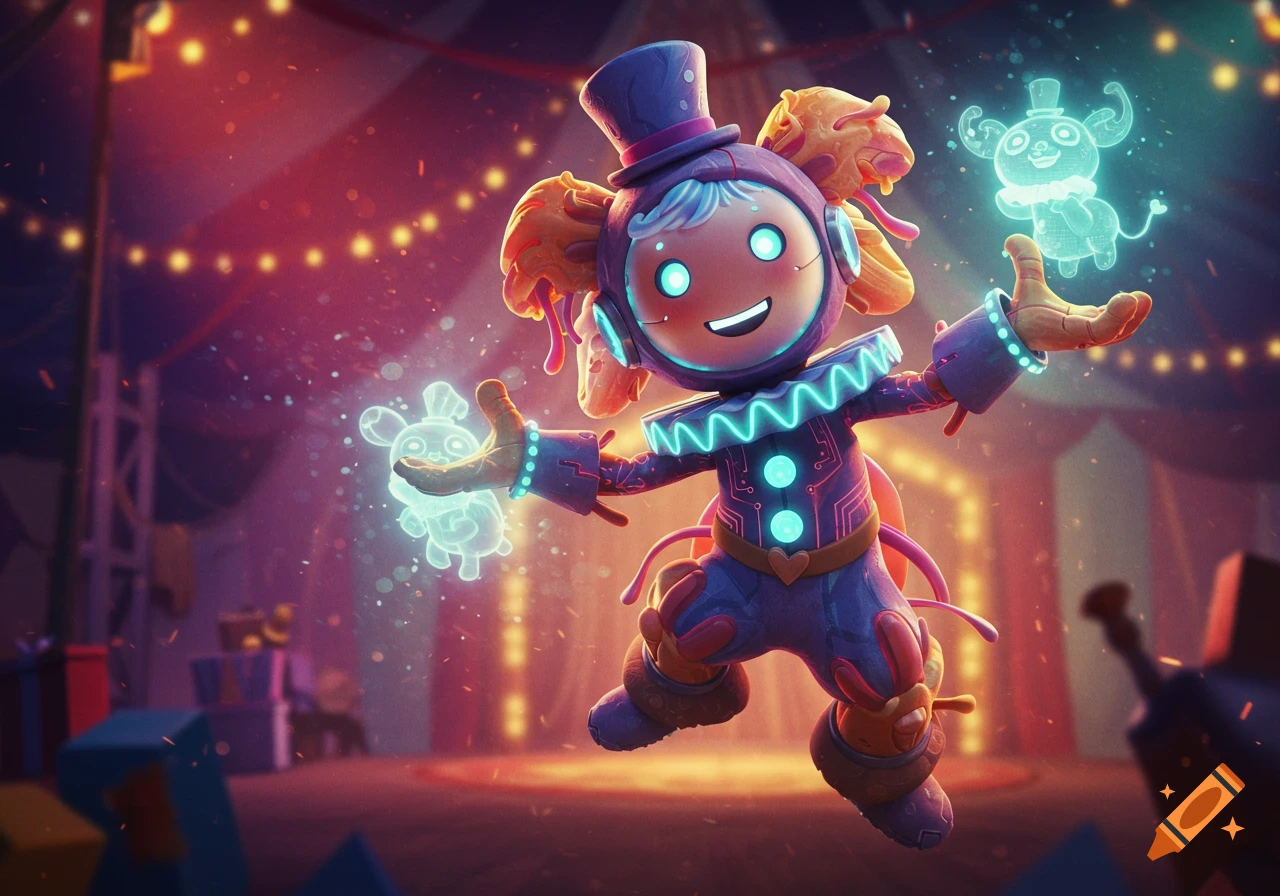A cheerful, stylized clown character with glowing digital features and a top hat, surrounded by glowing creatures in a vibrant circus tent.
