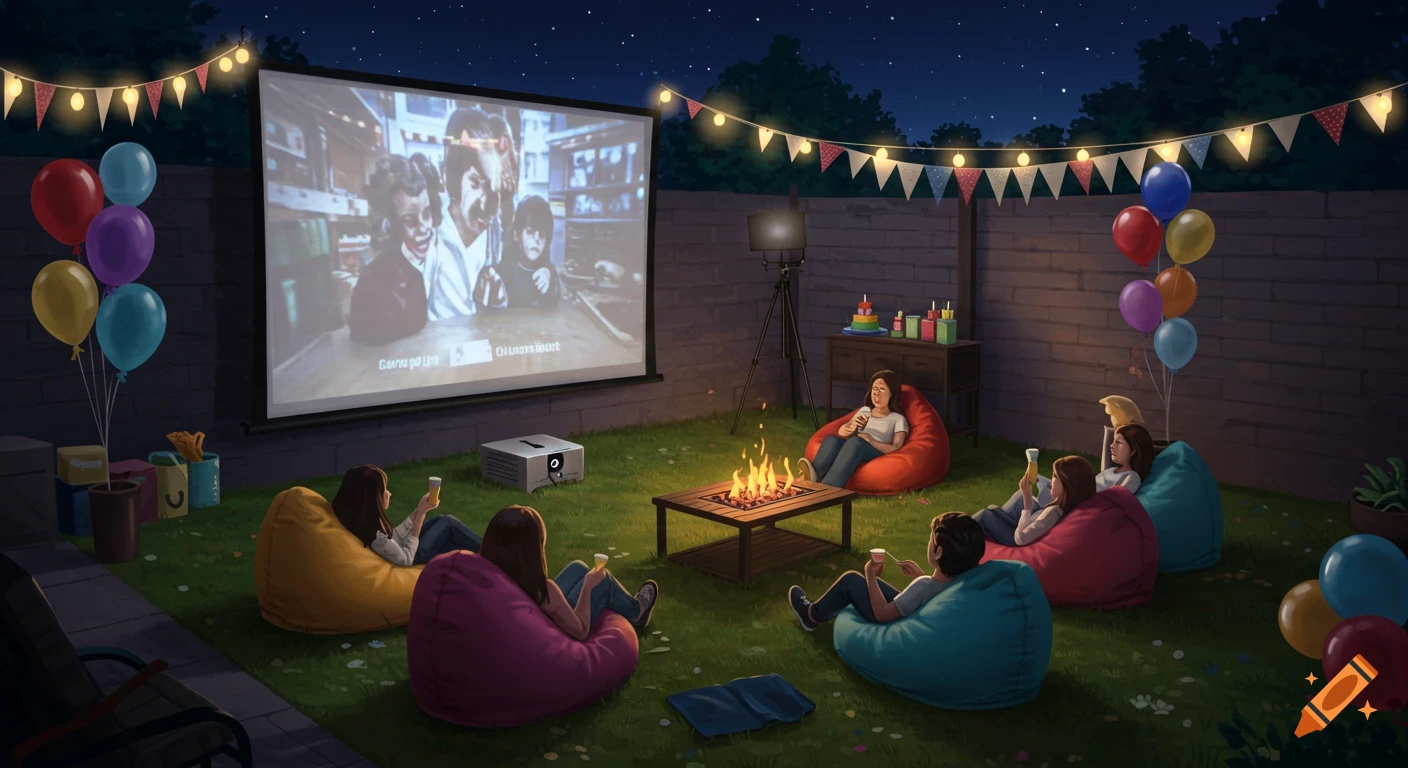 Friends relax in bean bag chairs on a grassy backyard lawn, watching a movie projected onto a large screen at night, with string lights and a fire pit.