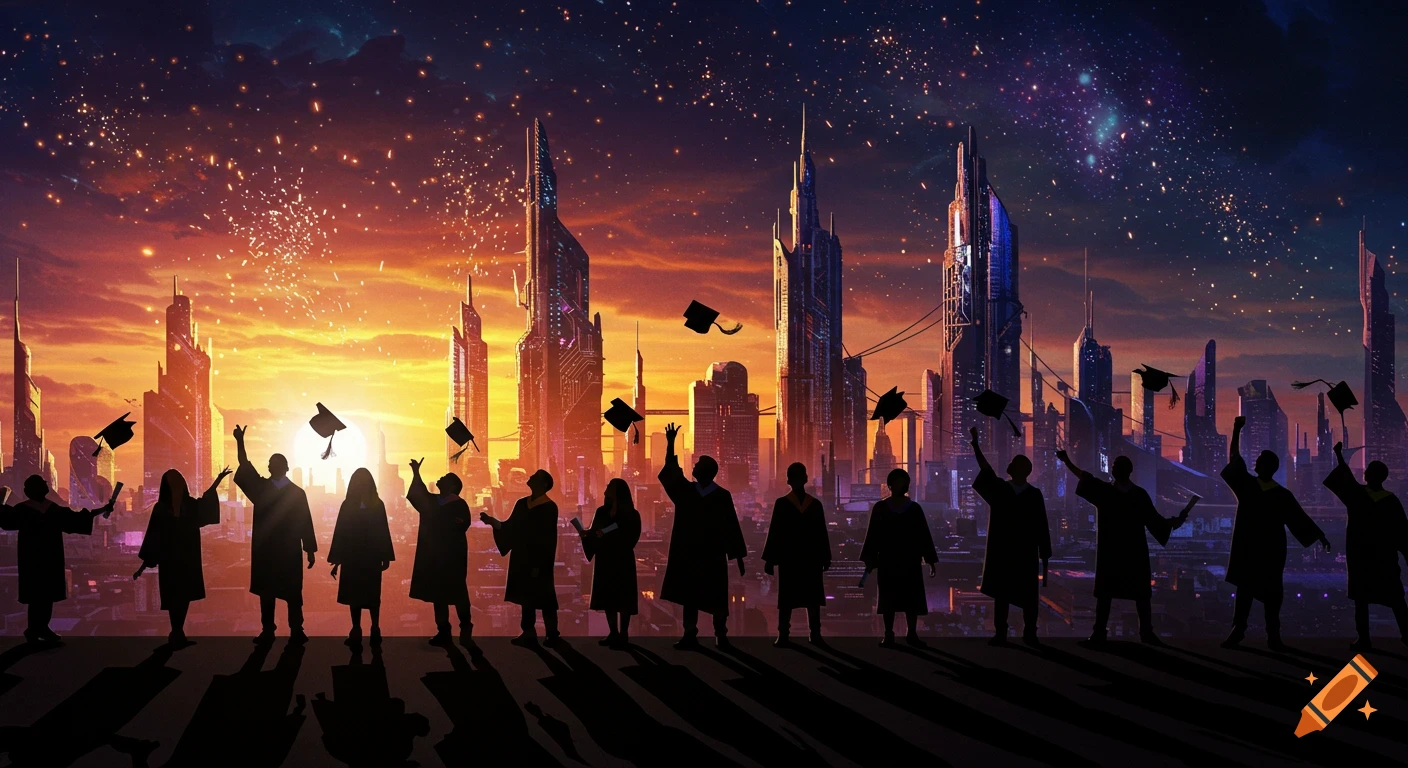 Silhouetted graduates throw caps in the air against a futuristic city skyline with a vibrant sunset and sparkling stars.