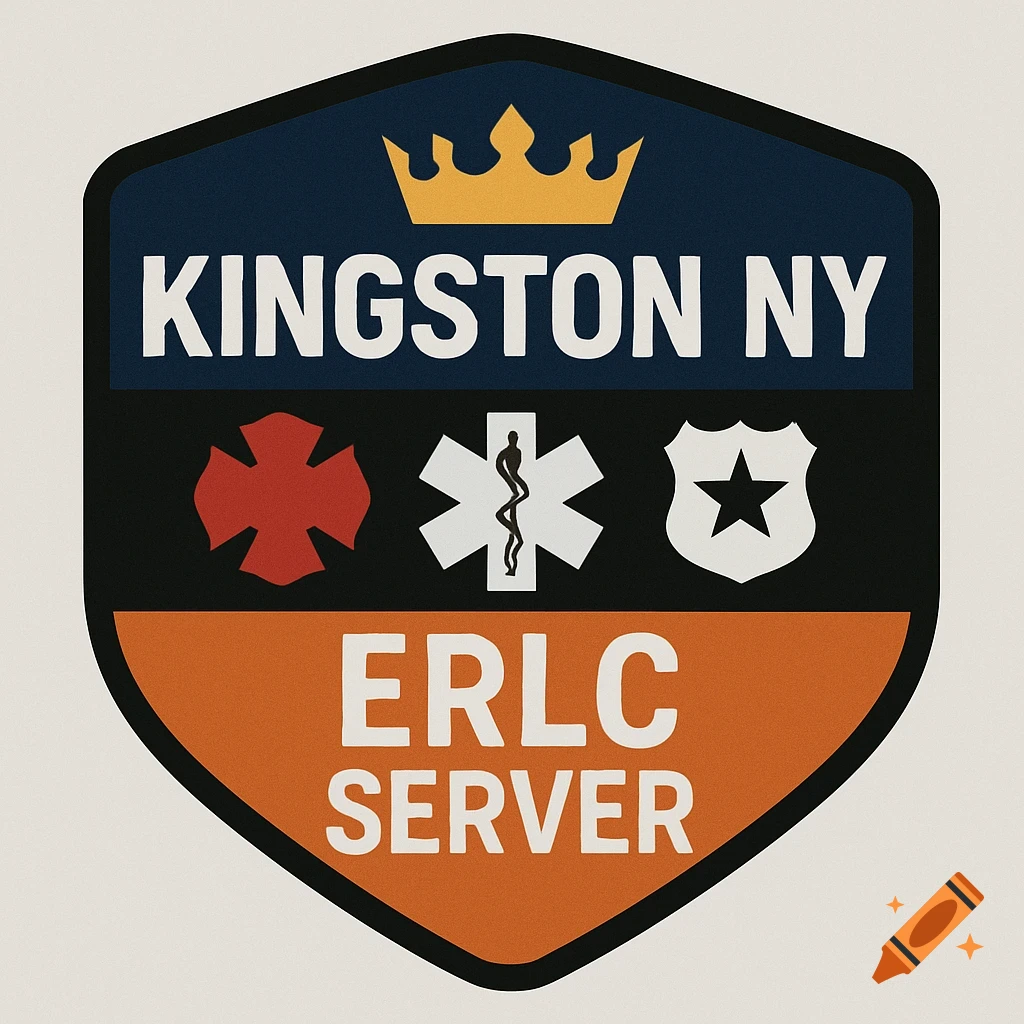 A graphic logo badge for Kingston NY ERLC Server, featuring a crown, fire cross, Star of Life, and police badge with a star.