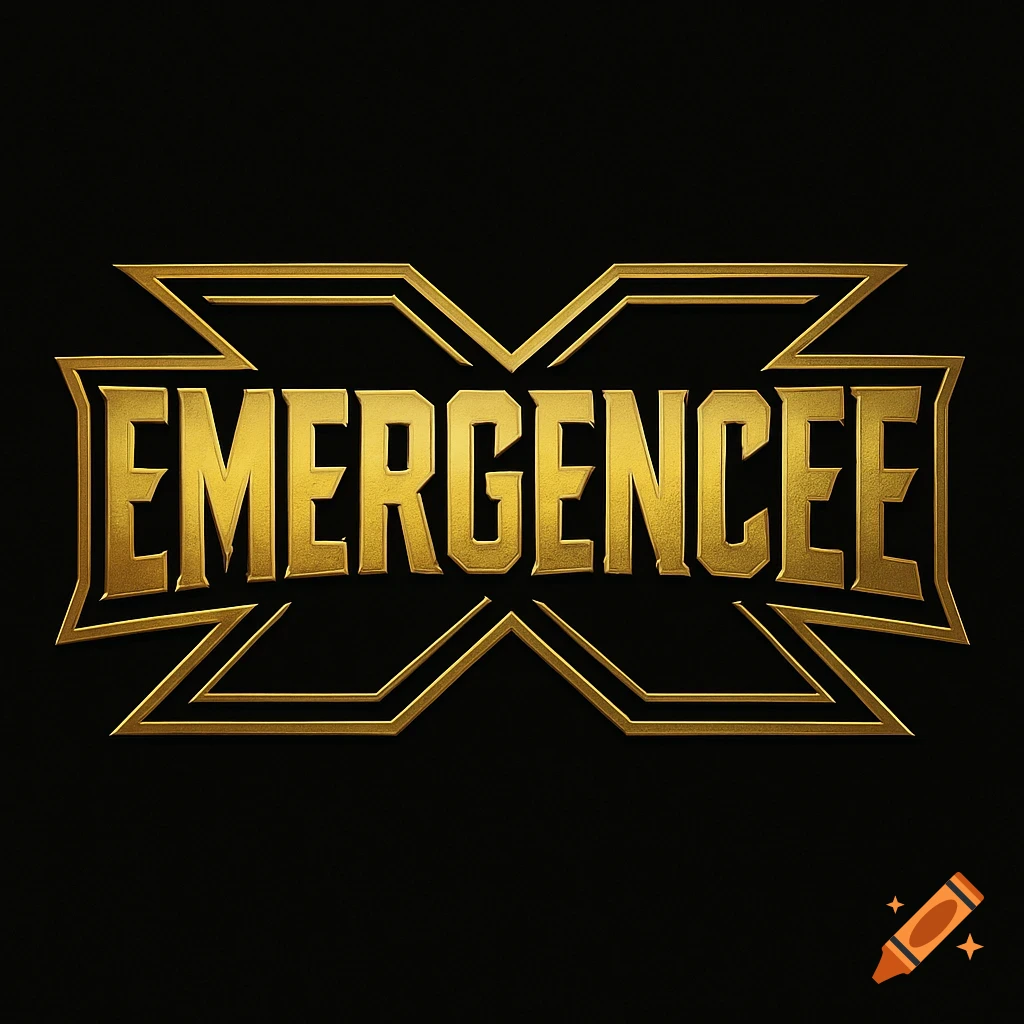 A gold metallic wrestling logo featuring the word 'EMERGENCEE' with bold sharp letters on a black background.