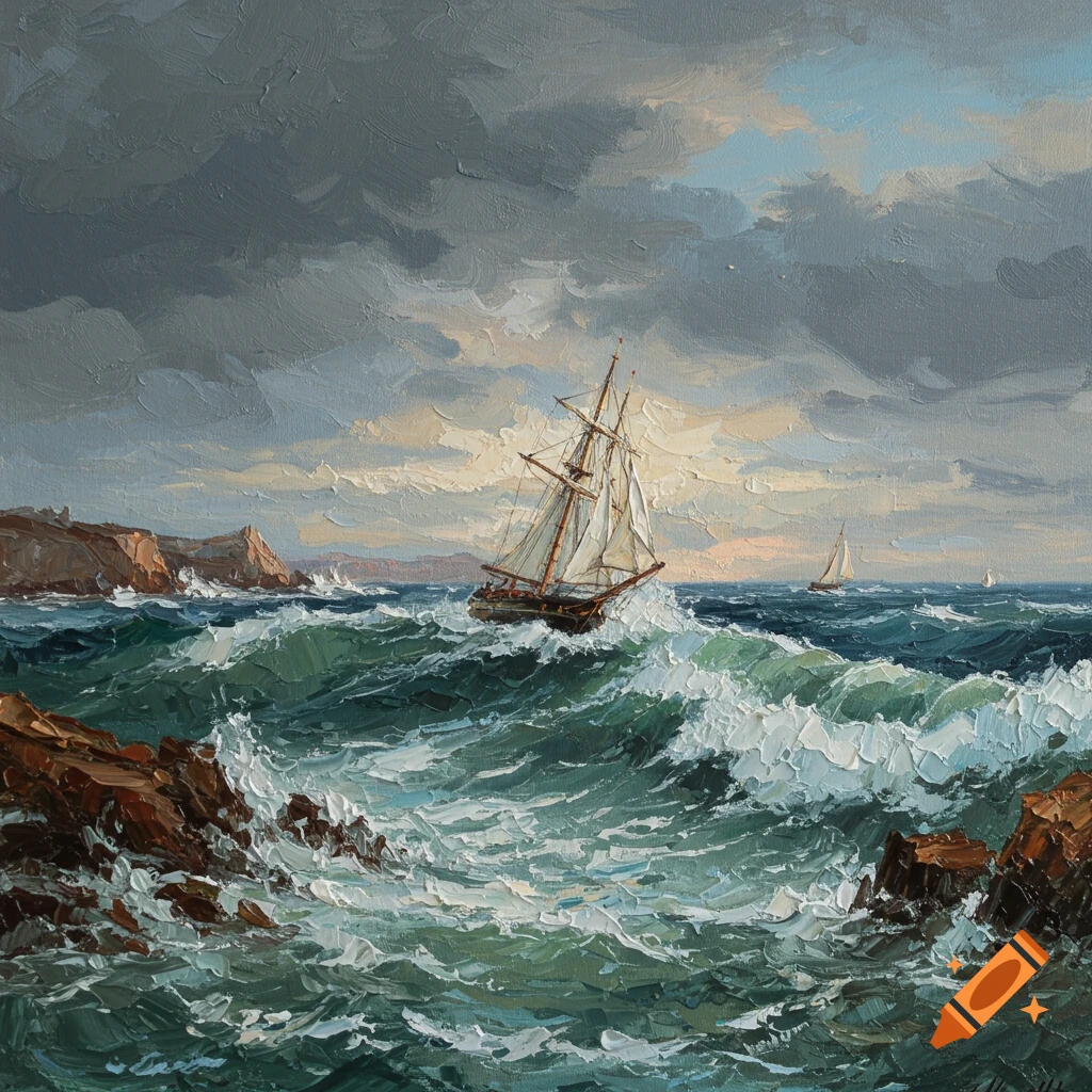 Oil painting of a sailboat navigating stormy seas near rocky cliffs.
