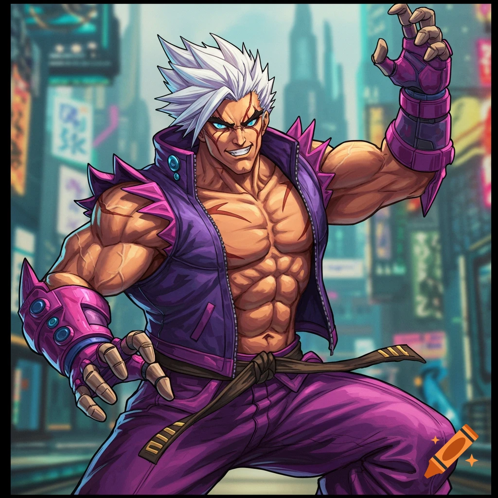 Muscular anime man with white spiky hair and purple outfit in a cyberpunk city setting.