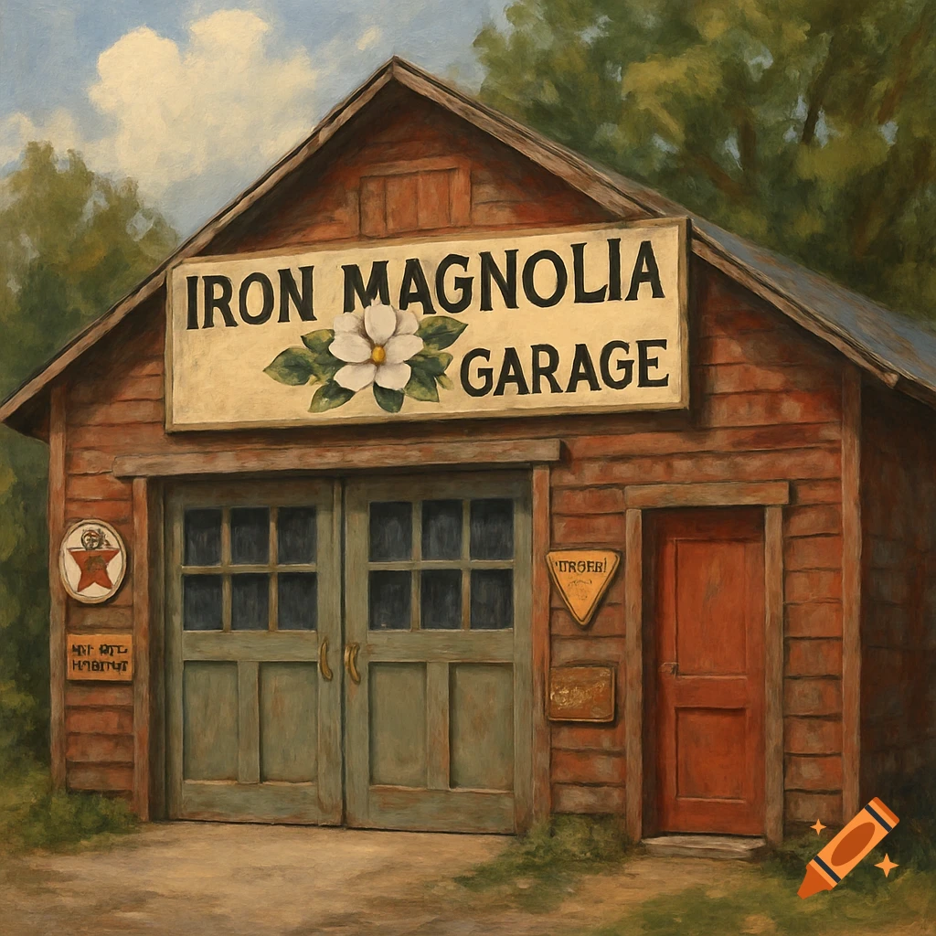 Painting of a rustic wooden garage with a prominent sign reading 'IRON MAGNOLIA GARAGE' featuring a white magnolia flower.