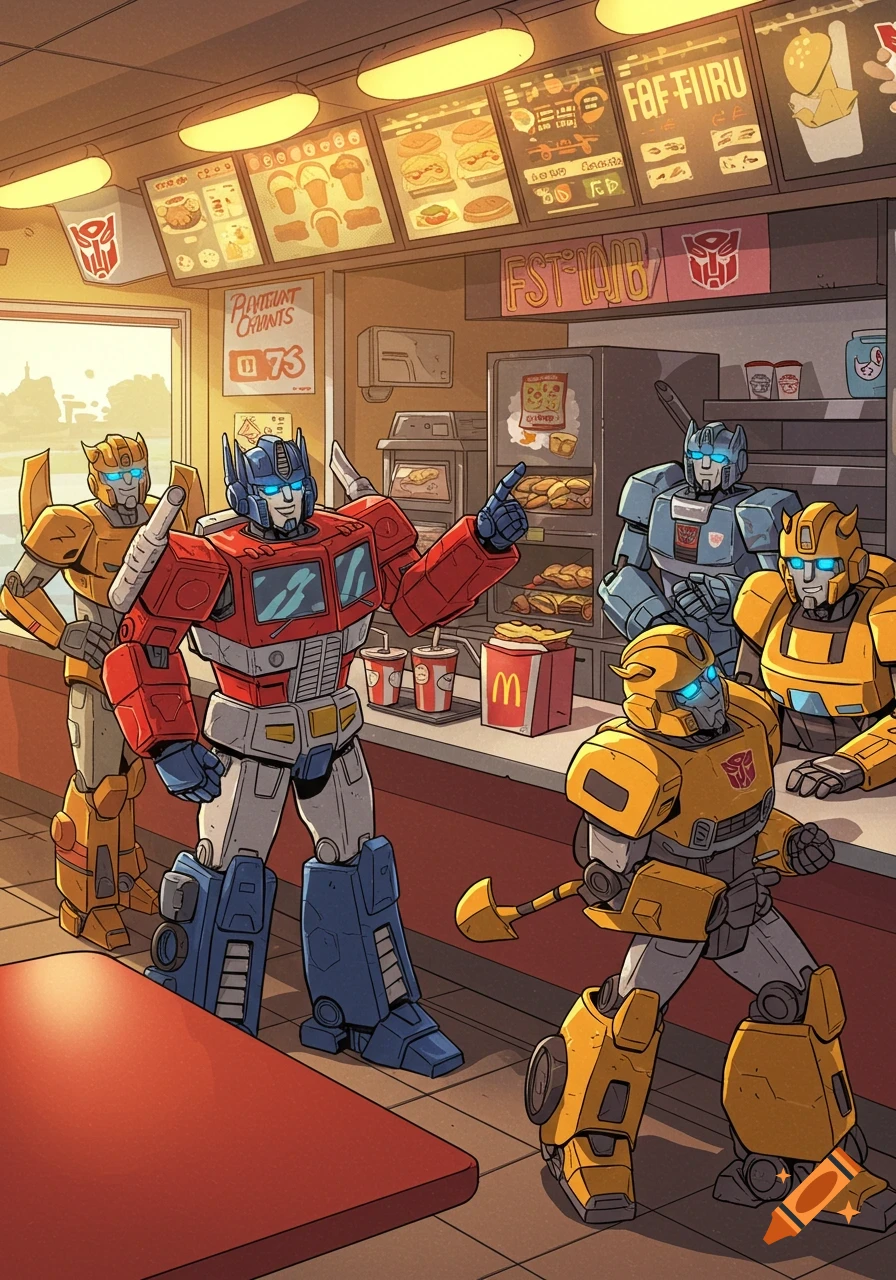 Optimus Prime, Bumblebee, and other Autobots gather at the counter of a fast-food restaurant with menu boards overhead, in a cartoon style.