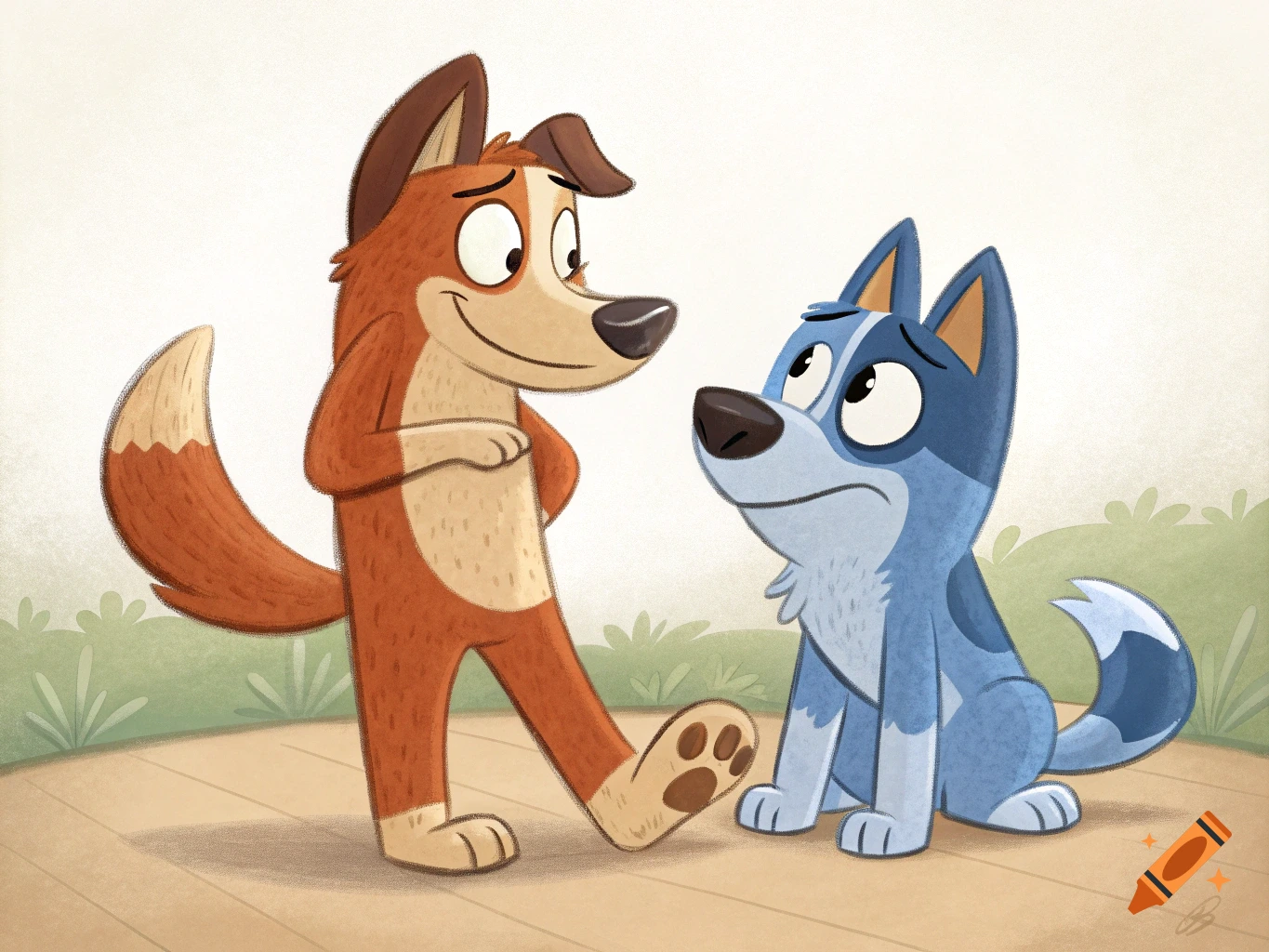 A cartoon brown dog stands, raising a paw, looking at a sitting blue dog in a simplified outdoor scene.