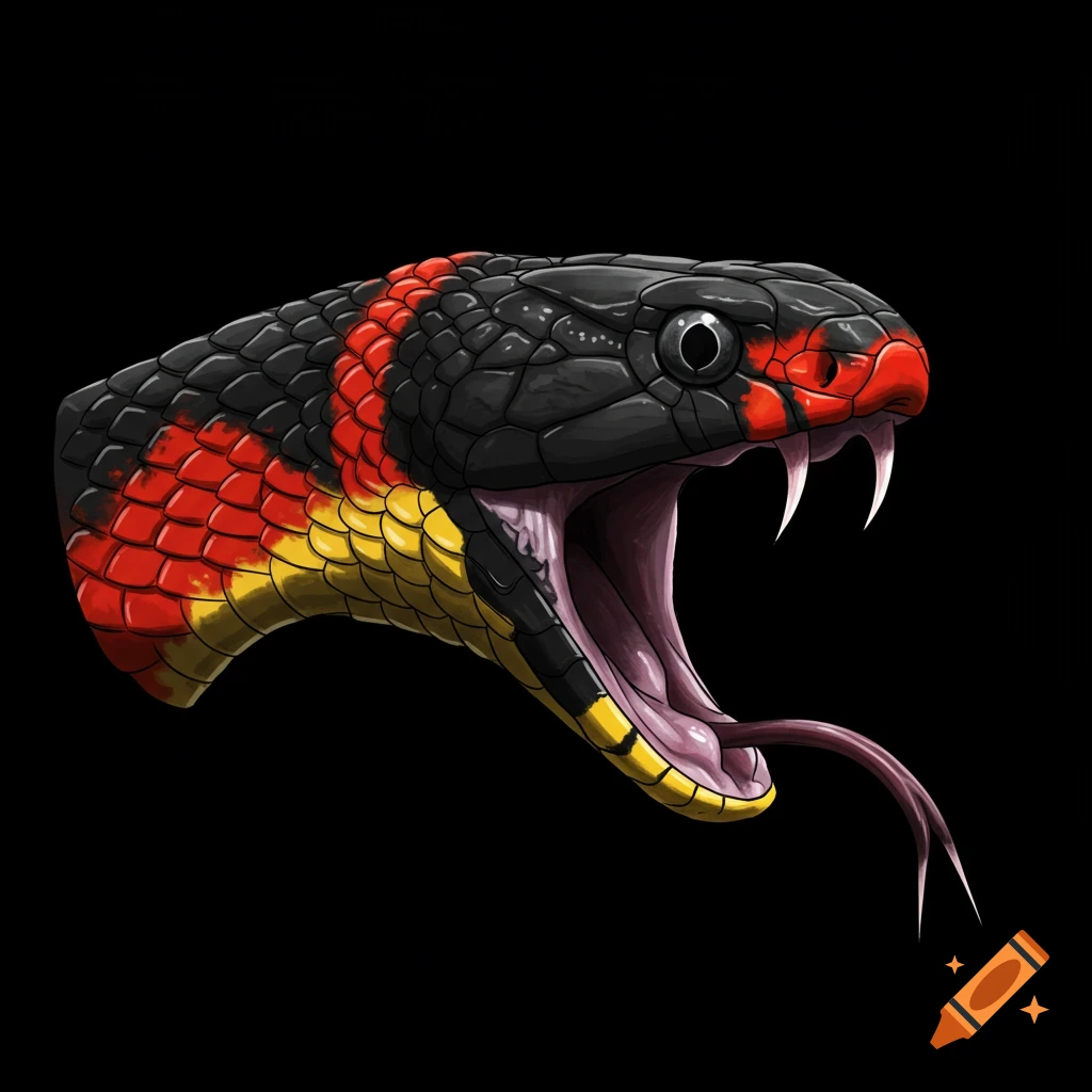 Close-up illustration of a coral snake head with black, red, and yellow scales, mouth open, fangs visible, and tongue extended against a black background.