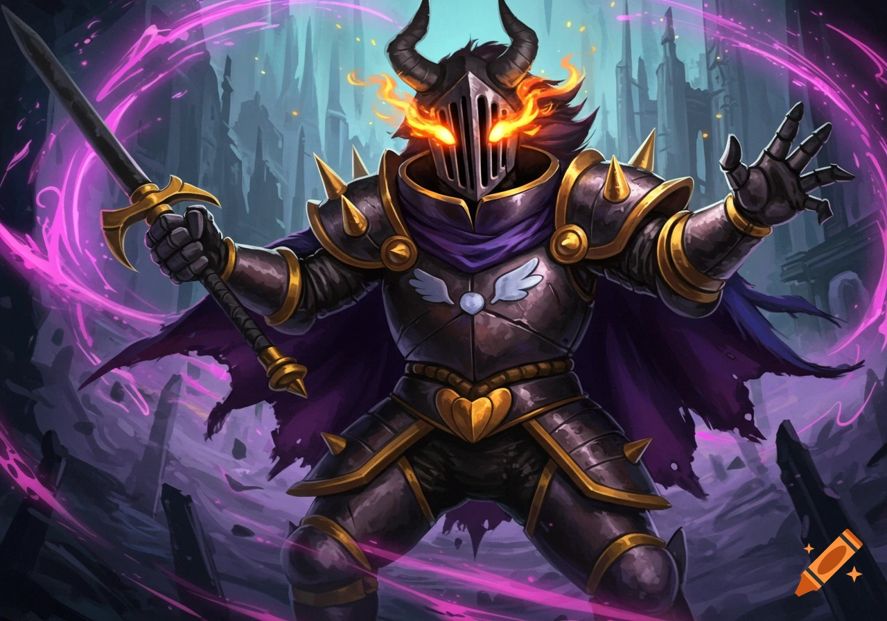 A dark armored knight with a horned helmet and glowing orange eyes holds a sword while purple magic swirls around them in a ruined fantasy landscape.