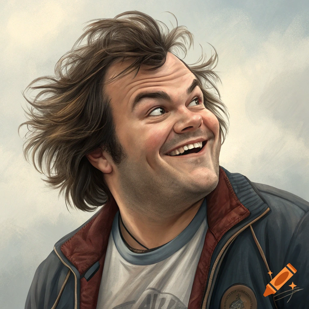 Illustrative close-up portrait of Jack Black smiling with wind-blown hair, looking up.