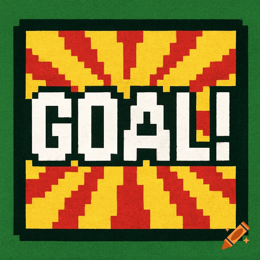 A pixelated title card with the word 'GOAL!' in white block letters against a red and yellow starburst background.