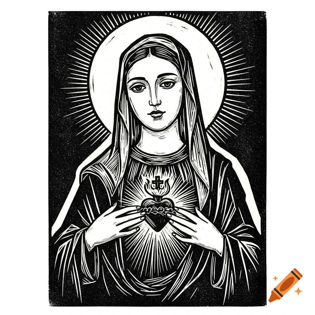 Black and white linocut illustration of the Immaculate Heart of Mary with a radiant halo.