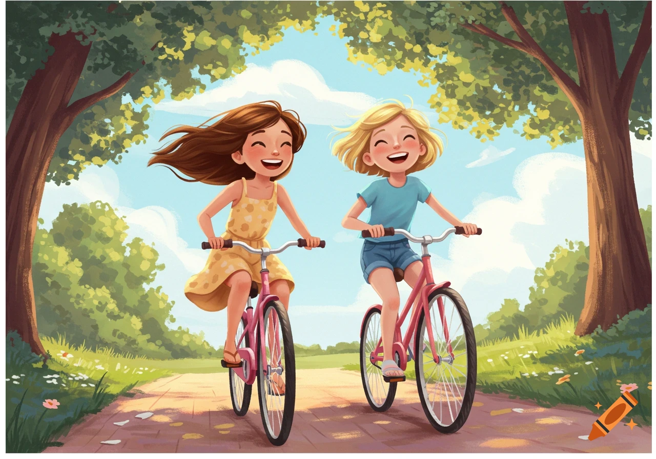 Two happy cartoon girls with flowing hair ride pink bicycles along a path through a sunny park.