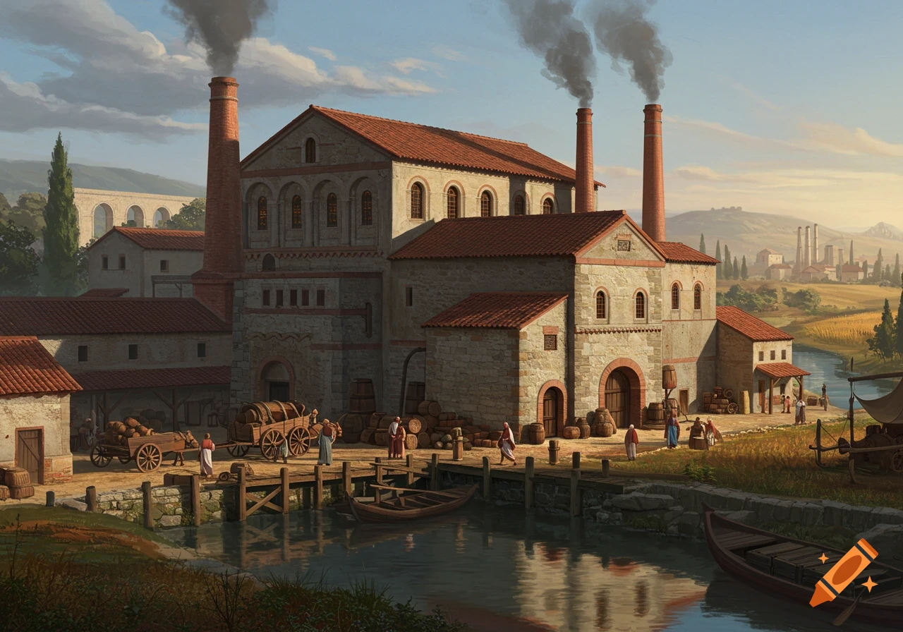A detailed illustration of a Roman-style factory with smoking chimneys next to a river, with people and wagons on the bank, under a cloudy sky.