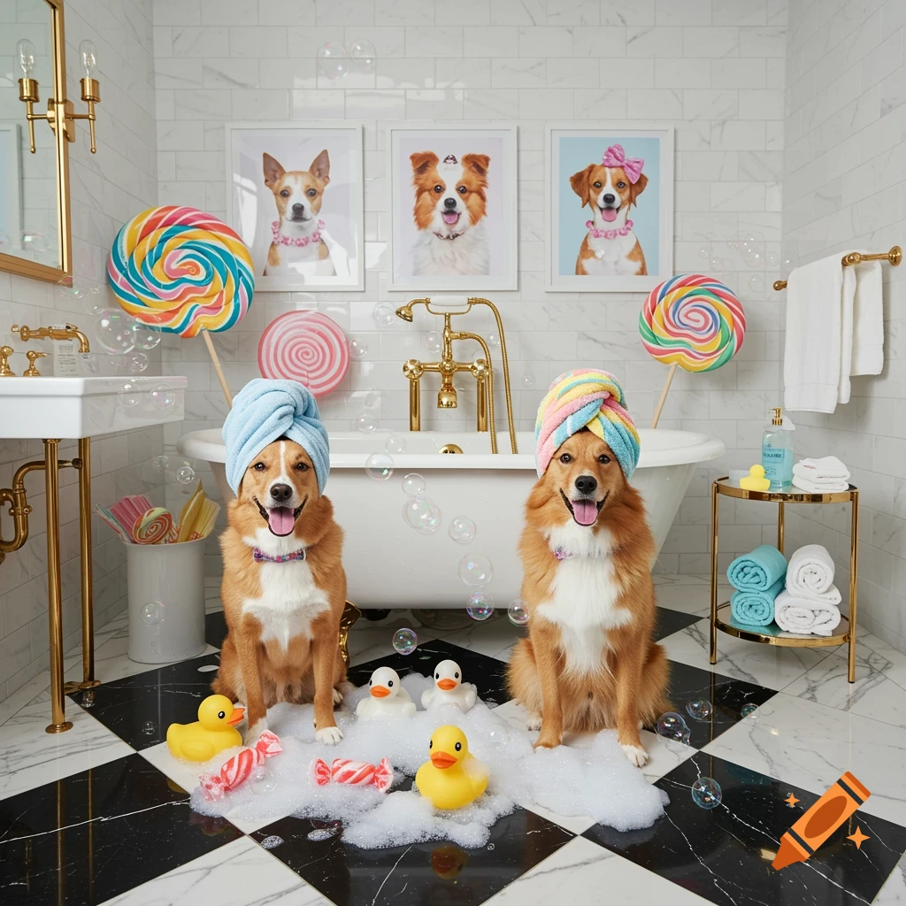 Two happy dogs with colorful bath towels on their heads, sitting in a luxurious marble bathroom with a clawfoot tub, bubbles, rubber ducks, and giant lollipops.