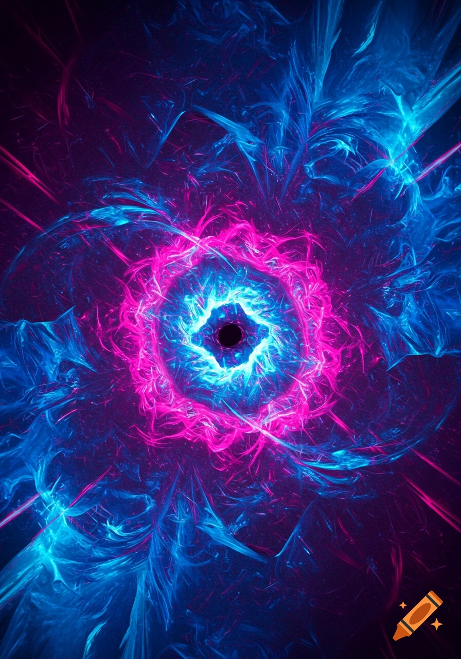 Abstract psychedelic design with swirling neon pink and electric blue patterns around a glowing black void.