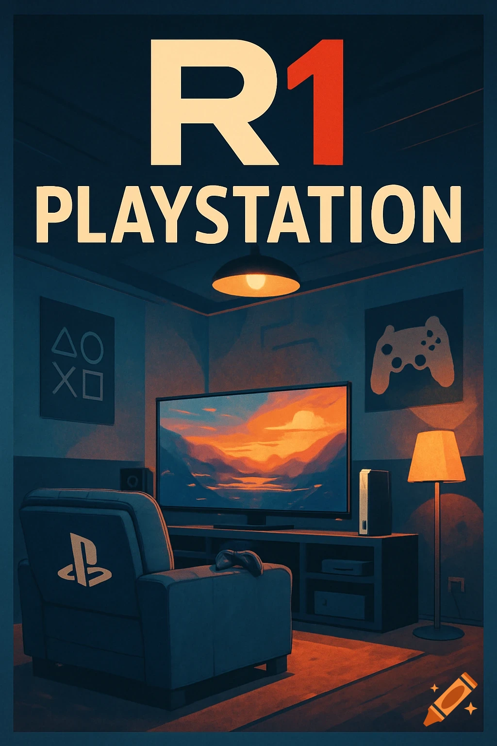 PlayStation gaming room poster featuring 'R1 PLAYSTATION' text, a chair with a PS logo, TV, and console.