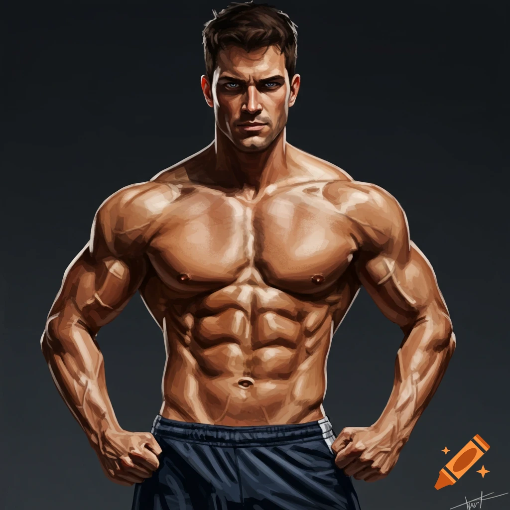 An illustrative portrait of a muscular man with sculpted abs and biceps, standing confidently.