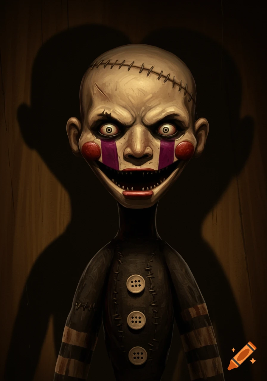 A stylized creepy puppet with a stitched head, wide white eyes, red cheeks, purple stripes, sharp teeth, and a dark buttoned body.